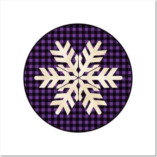 Snowflake silhouette over a black and violet tile pattern Posters and Art